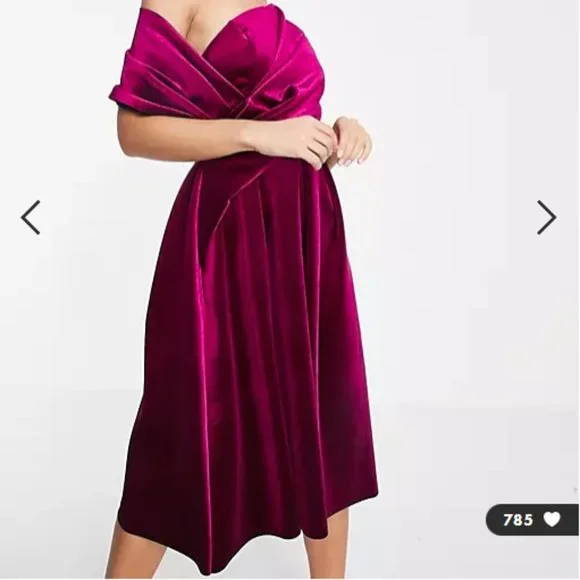 Velvet Bare Shoulder Midi Dress in Berry - Picture 2 of 11